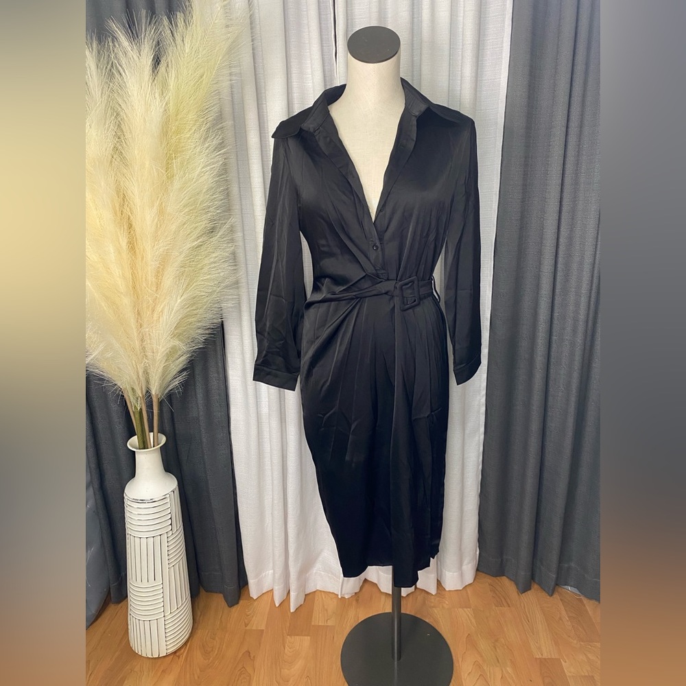 Black collar tie waist dress